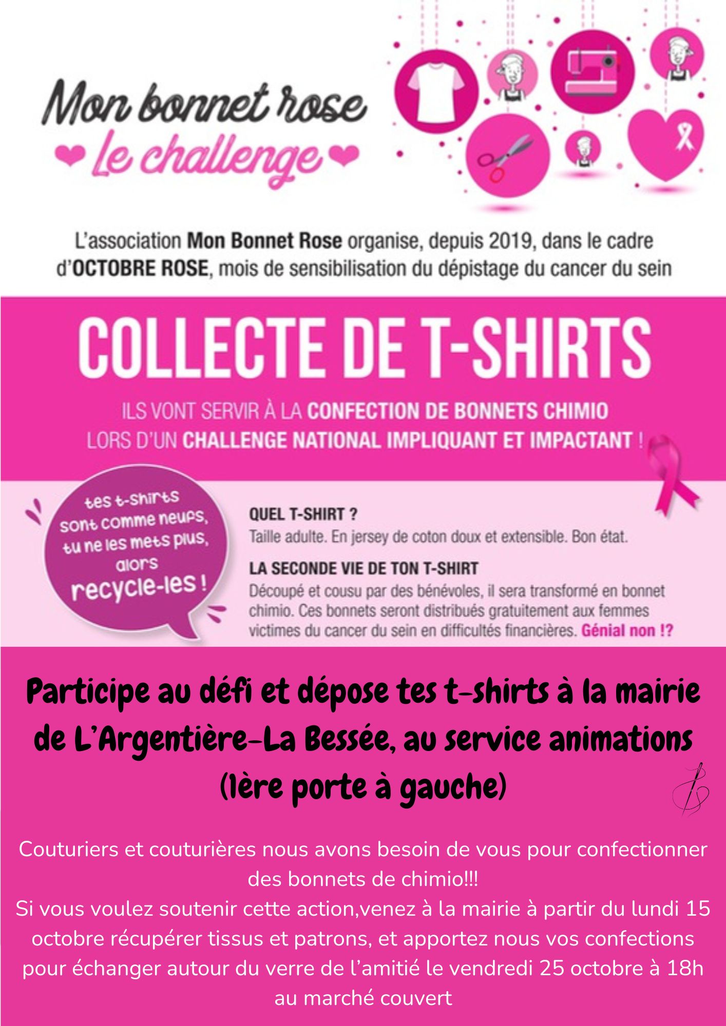 Collecte de t-shirts et création de bonnets de chimio