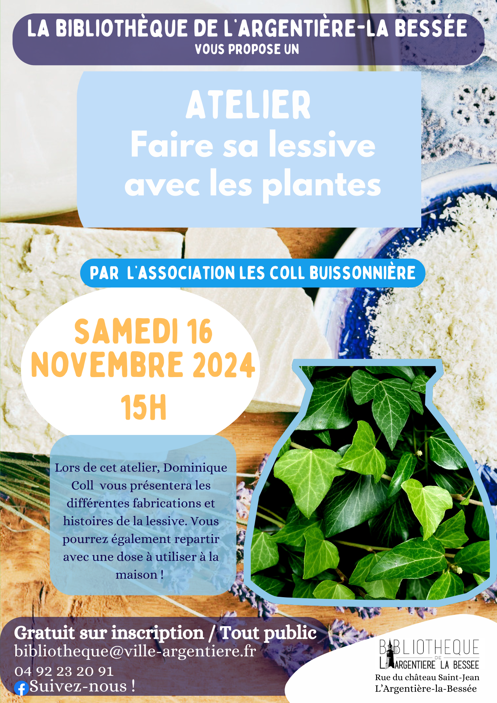 Atelier confection de lessive aux plantes le 16 novembre à la Bibliothèque de L'Argentière-La Bessée