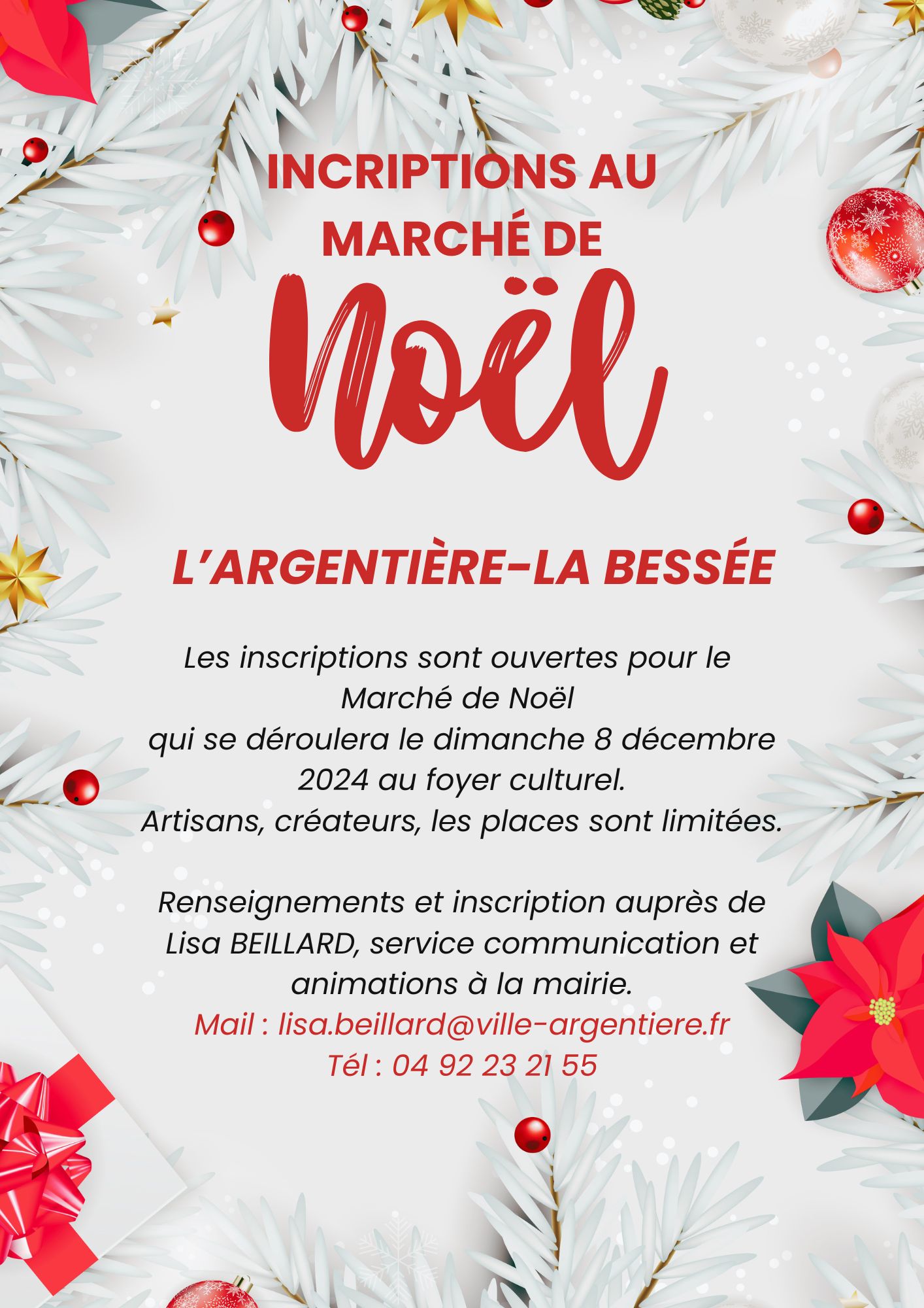 Inscrition des exposants au Marché de Noël du 8 décembre 2024 au foyer culturel