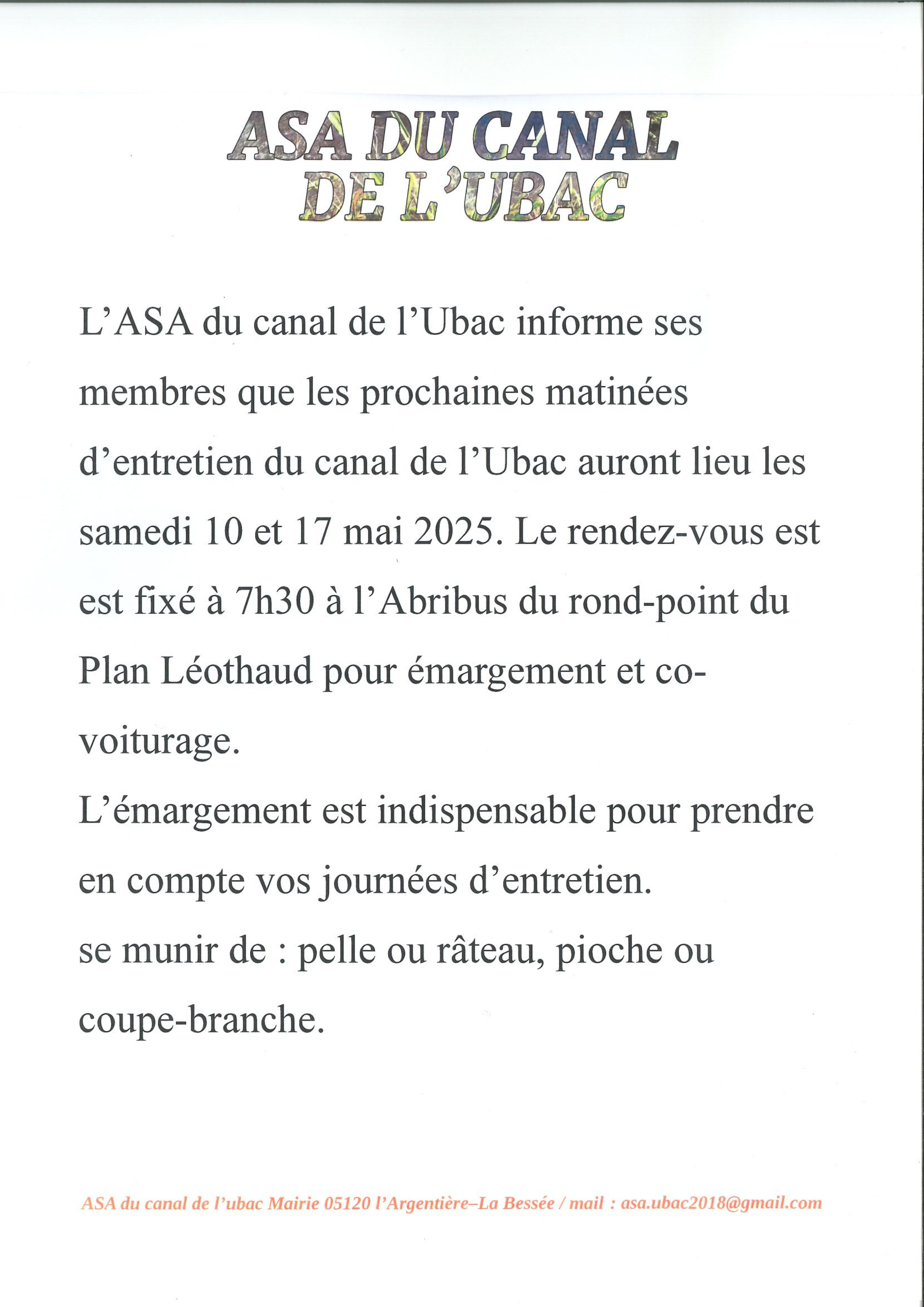 Entretien du canal de l'Ubac - samedi 17 mai 2025