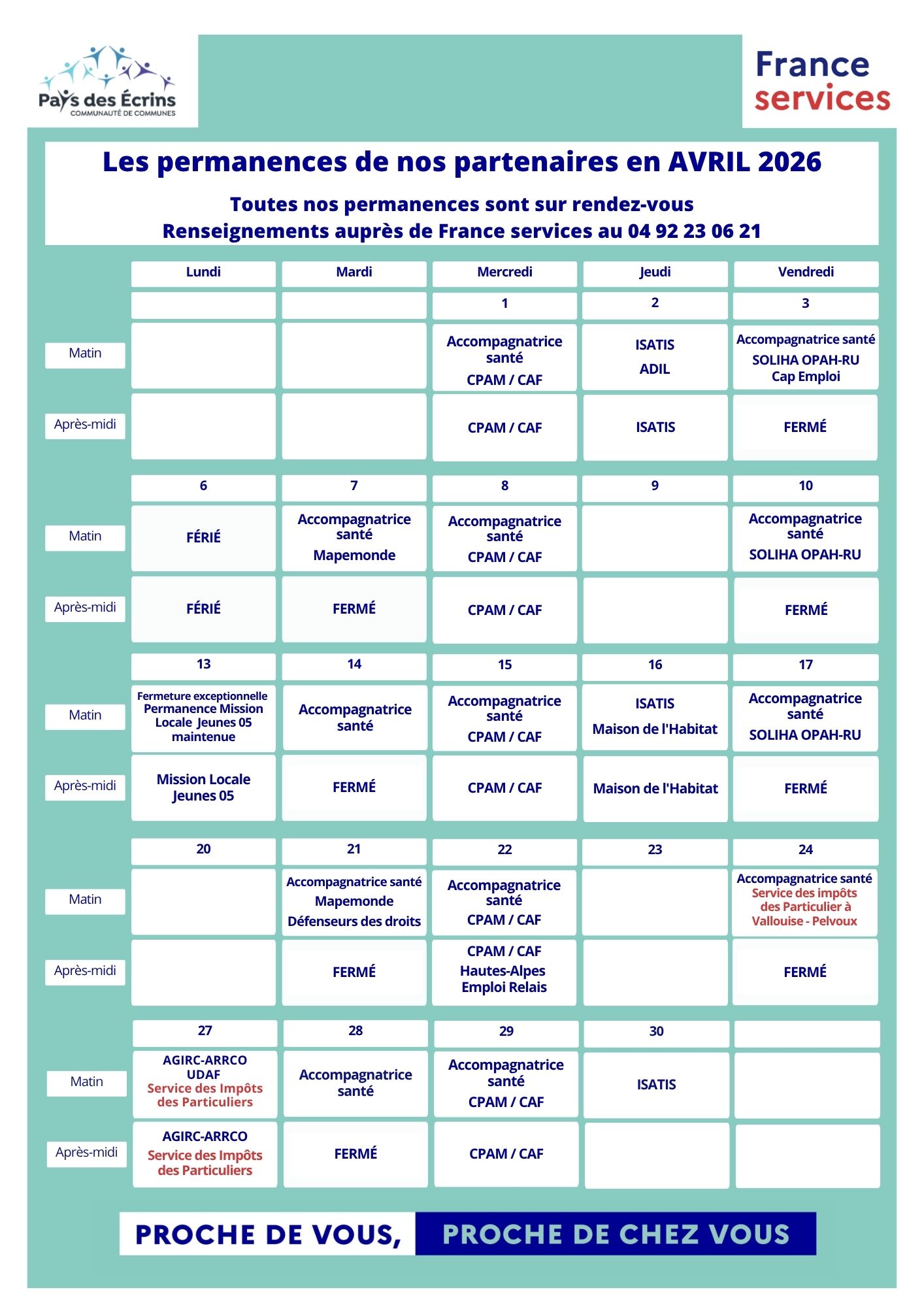 Planning permanences France services - avril 2026