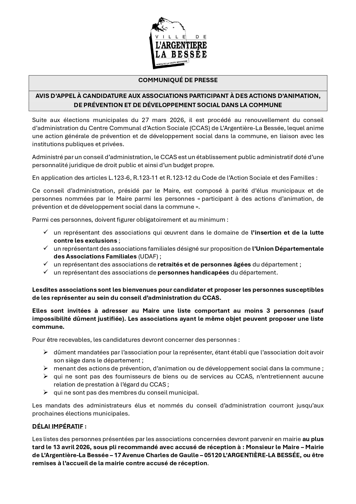 Avis d'appel à candidature - renouvellement du conseil d'administration du Centre Communal d'Action Sociale (CCAS)