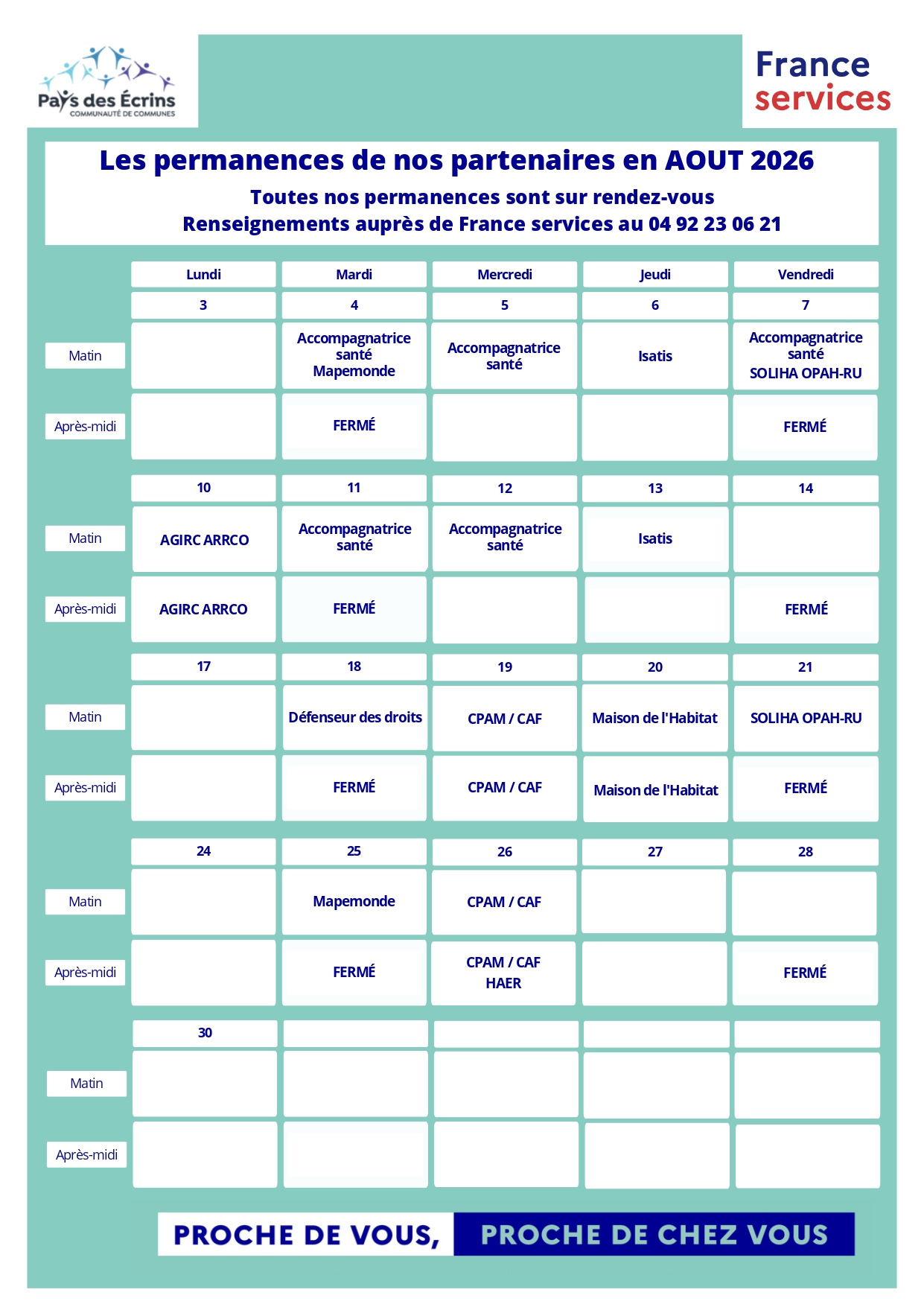 Planning permanences France services - août 2026