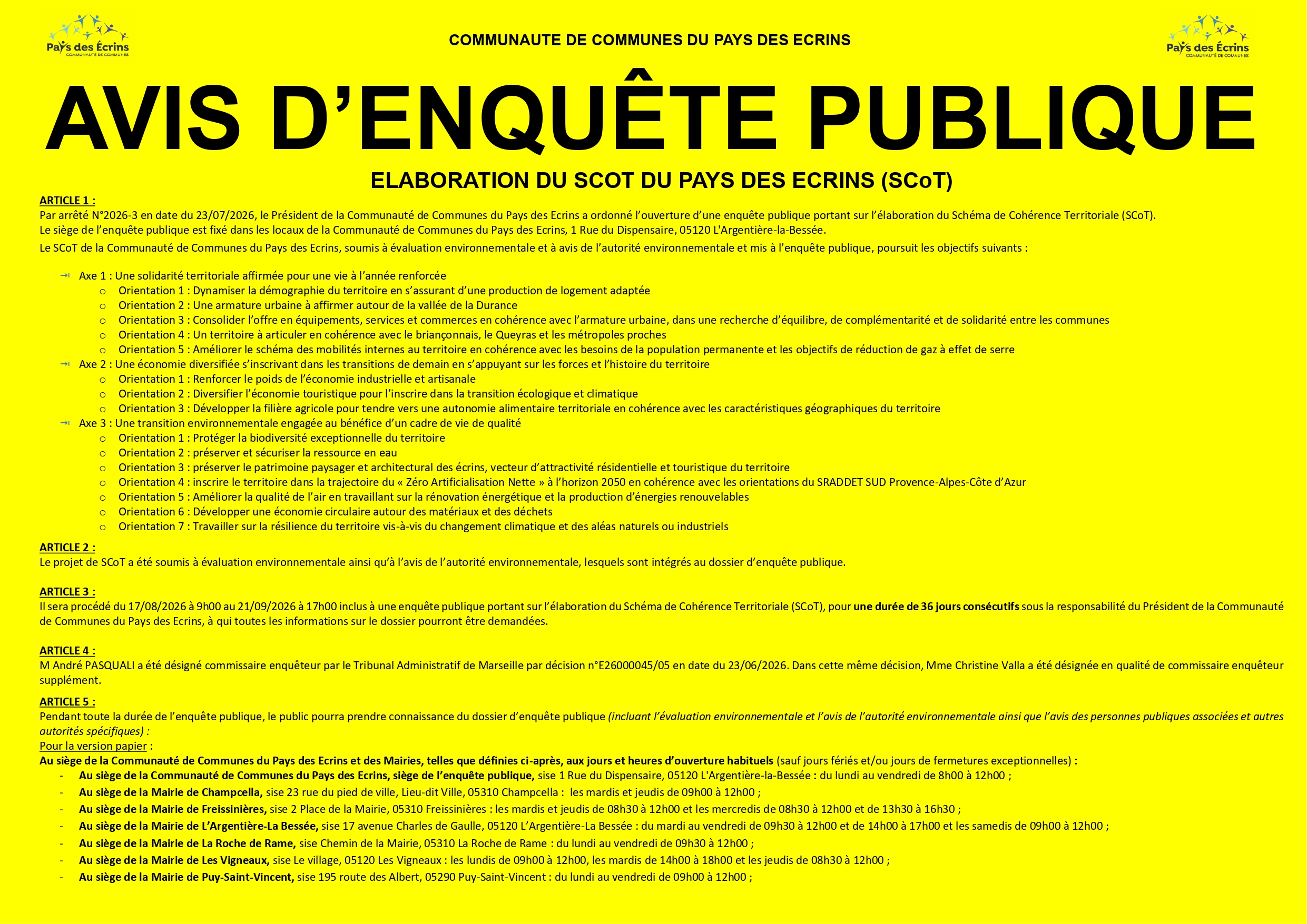 Avis d'enquête publique portant sur l'élaboration du Shéma de Cohérence Territoriale