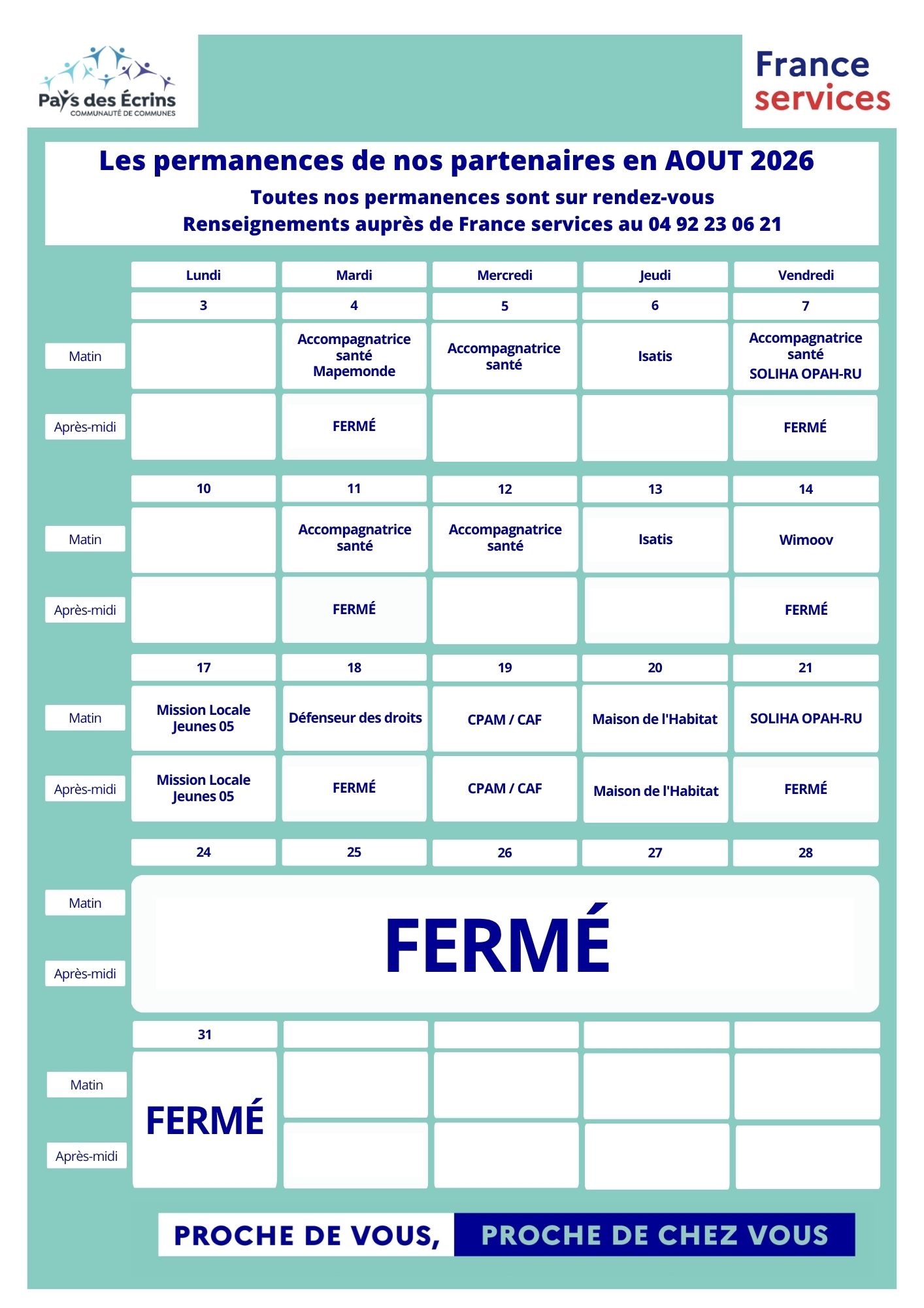 Planning permanences France services - août 2026